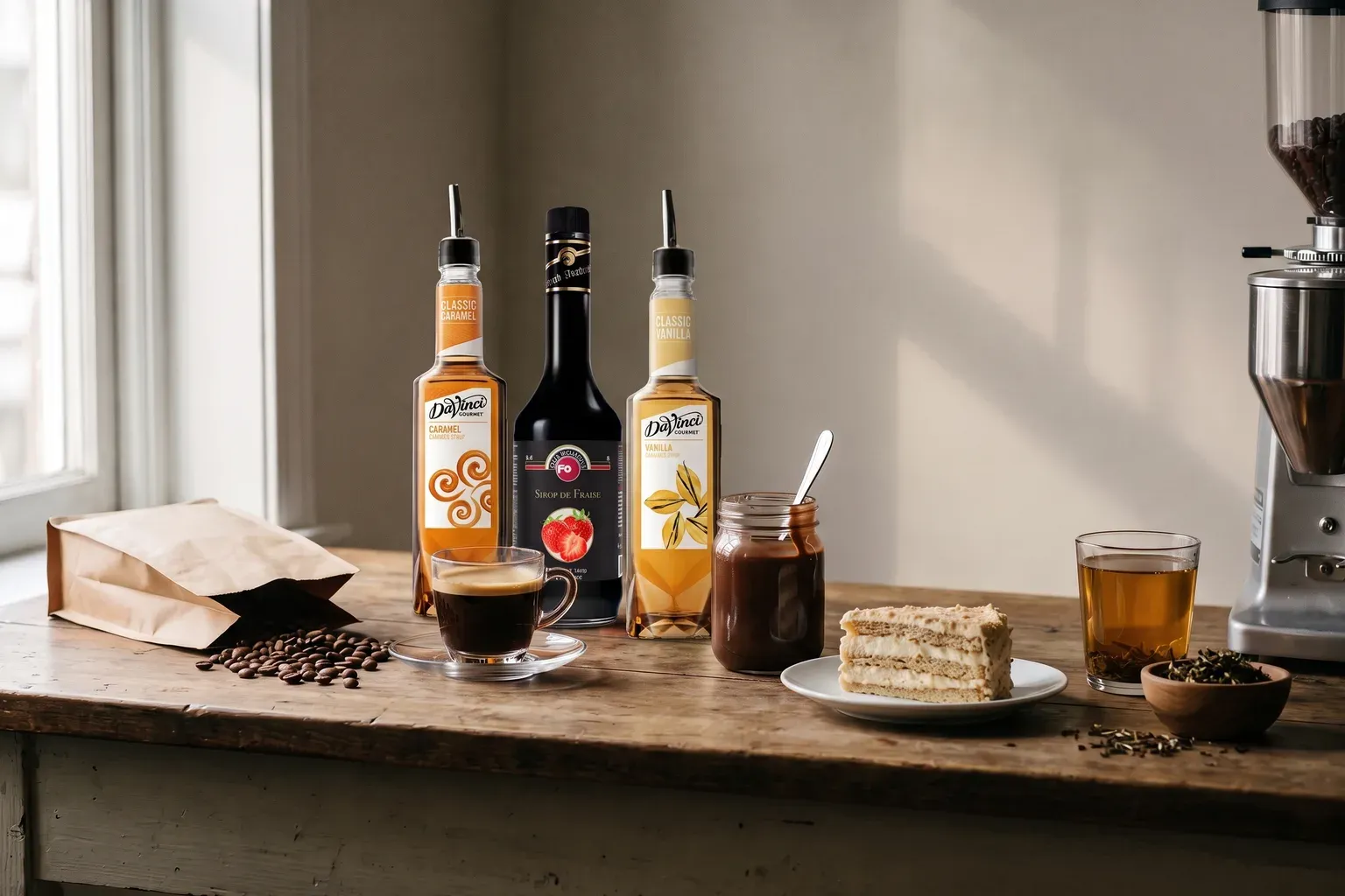 Bir kafe tezgâhında yan yana duran ürünler: DaVinci Gourmet karamel ve vanilya şurupları, FO çilek şurubu, kahve torbası ve çekirdekler, espresso, çikolata sosu, dilim pasta, bitki çayı ve kahve değirmeni